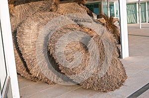 Unused, stacked straw umbrellas