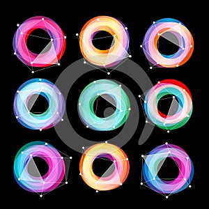 Unusual abstract geometric shapes vector logo set. Circular colorful logotypes collection on the black background.