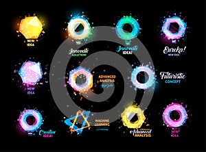 Unusual abstract geometric shapes vector logo set. Circular, hexagon, polygonal colorful logotypes collection on the photo