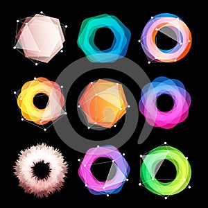 Unusual abstract geometric shapes vector logo set. Circular, polygonal colorful logotypes collection on the black