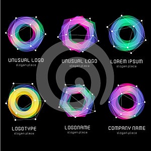 Unusual abstract geometric shapes. Vector logo set. Polygonal colorful logotypes collection on the black background.