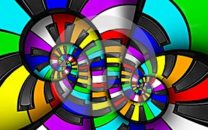 Unusual abstract rainbow piano keyboard spiral music background. Fractal like endless staircase. Rainbow colors piano keys twisted