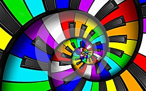 Unusual abstract rainbow piano keyboard spiral music background. Fractal like endless staircase. Rainbow colors piano keys twisted