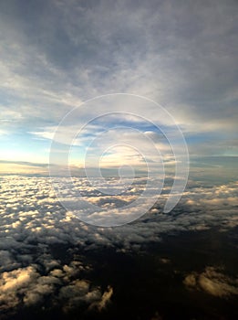 Unusual aerial view of clouds and blue skies above the earth