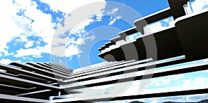 Unusual architectural forms against the cloudy sky. Straight lines of the stair terrace fence. Glass exterior. 3d rendering