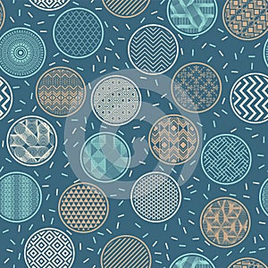 Unusual bandana print vector seamless ornament. Circular shapes with geometric patterns