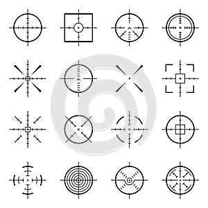 Unusual bullseye, accurate focus symbols. Precision aims, shooter target vector icons