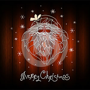 Unusual christmas card design. Wood background with hand drawn santa claus. Xmas card with `Merry Christmas` typography. Vector