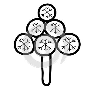 Unusual Christmas tree with balls with snowflakes. Black silhouette on a white background.