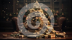 An unusual Christmas tree made of books stands in the living room