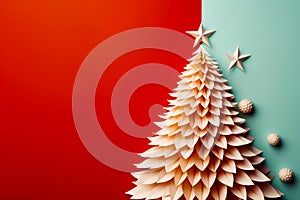 An unusual Christmas tree made of paper on a red background. Festive mood and expectation of a miracle