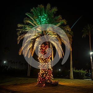 Unusual Christmas tree, palm tree decorated with multi-colored light bulbs and garlands on a dark background,