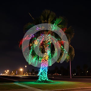 Unusual Christmas tree, palm tree decorated with multi-colored light bulbs and garlands on a dark background,