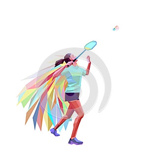 Unusual colorful triangle athlete. Geometric polygonal professional female badminton player