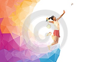 Unusual colorful triangle background: Geometric polygonal professional badminton female player, jumping smash. Vector illustration