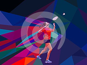 Unusual colorful triangle background. Geometric polygonal professional female badminton player