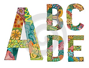 Unusual colorfull alphabet doodle style letters on a white background