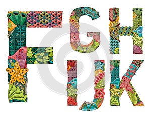 Unusual colorfull alphabet doodle style letters on a white background