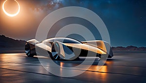 Unusual concept car of the future, 3D illustration with empty concrete floor under open night starry sky