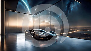 Unusual concept car of the future, 3D illustration with empty concrete floor under open night starry sky