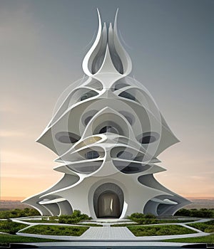 Symmetrical space age stone tower structure AI