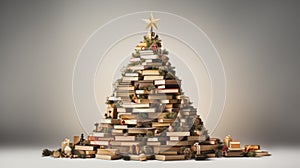 An unusual, creative Christmas tree made of books and fir branches stands on a gray background