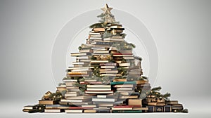 An unusual, creative Christmas tree made of books and fir branches stands on a white background
