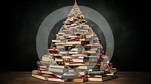An unusual, creative Christmas tree made of books stands on dark background