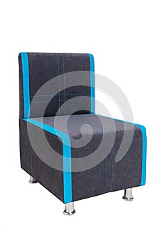 Unusual creative modern gray fabric chair with blue stripes and metal legs in strict style isolated on white background