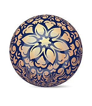 Unusual dark blue decorative glossy shine sphere ball with golden floral decor. Vector illustration for your design.