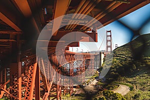 Unusual different view of the beautiful famous Golden Gate Bridge in San Francisco, California