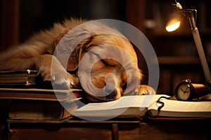 Unusual Dog asleep reading. Generate Ai