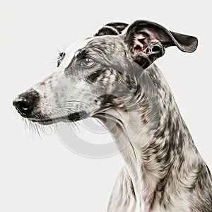 Unusual dog breed greyhound portrait isolated on white close-up,