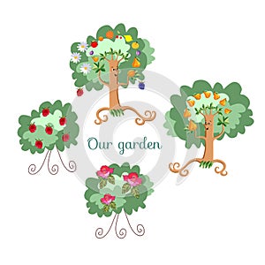 Unusual ecology icon. Merry fabulous fruit trees, juggling fruit, raspberry bush and shrub roses