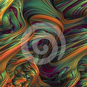 Unusual green, orange, blue and purple liquid waves. 3d illustration, 3d rendering