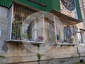 Unusual grilles for windows. Greenhouse on the window. window in a cage