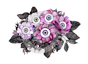 Unusual halloween concept - pink, black flowers with eyes. Watercolor