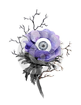 Unusual halloween design - weird flower with eye, branches. Watercolor photo