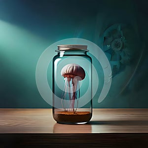 Surreal jellyfish swimming in a bottle of water - ai generated image