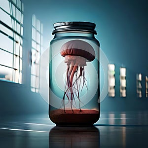 Surreal jellyfish swimming in a bottle of water - ai generated image