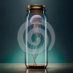 Surreal jellyfish swimming in a bottle of water - ai generated image