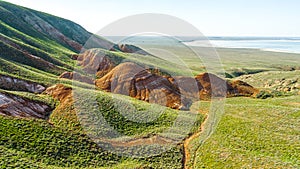 Unusual landscape. Mountain Big Bogdo in the Astrakhan region, Russia. Sacred place for practicing Buddhism.