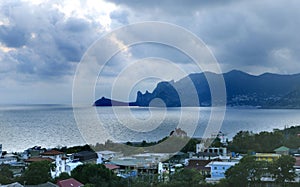 Unusual lighting in Sudak Bay of the Black Sea