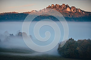 Unusual magic autumn landscape. Mist on the meadow and