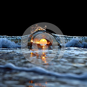 An unusual ocean wave where the rising sun shows through tunnel of water