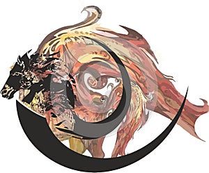 Unusual orange eye in spiral shape with horse elements on a white background