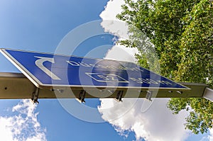 From an unusual perspective photographed motorway sign on the A52, shows the direction to Dusseldorf,