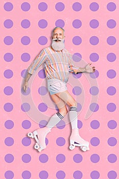 Unusual photo collage of funky aged mature male character smiling female legs roller mini shorts socks enjoy summertime photo
