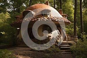 An unusual pot-bellied fairy-tale house inside a mushroom in the forest. Generative ai