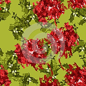 An unusual seamless pattern in the form of green and red figures on a green background
